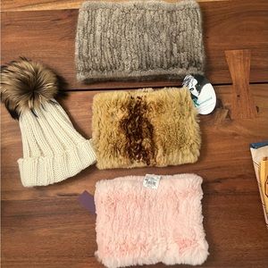 Winter Bundle 3 fur gaitors, pink, beige & grey, cashmere & raccoon Pom Pom  hat